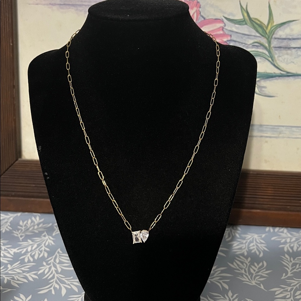 gold plated link necklace with pear and rectangular stone